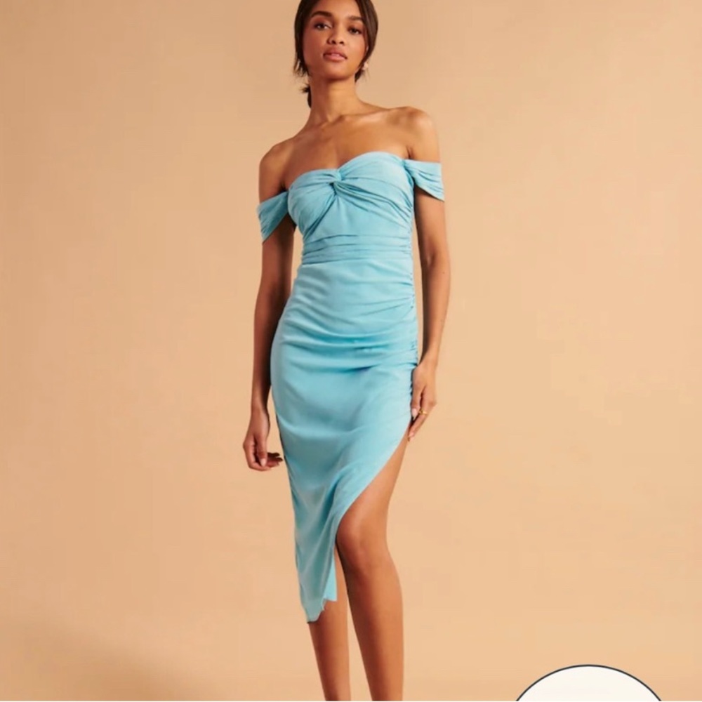 Abercrombie blue off the shoulder rouched midi dress with slit